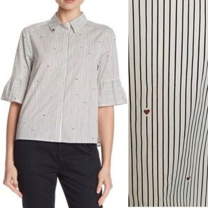 Scotch & Soda Ruffled Half-Sleeve Striped Heart Collared Button-Up Shirt